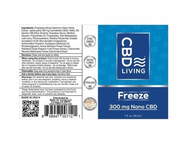 Product label for CBD Freeze roll-on with menthol, 300mg.