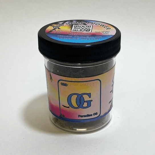 A 7-gram jar of Paradise OG CBD flower
