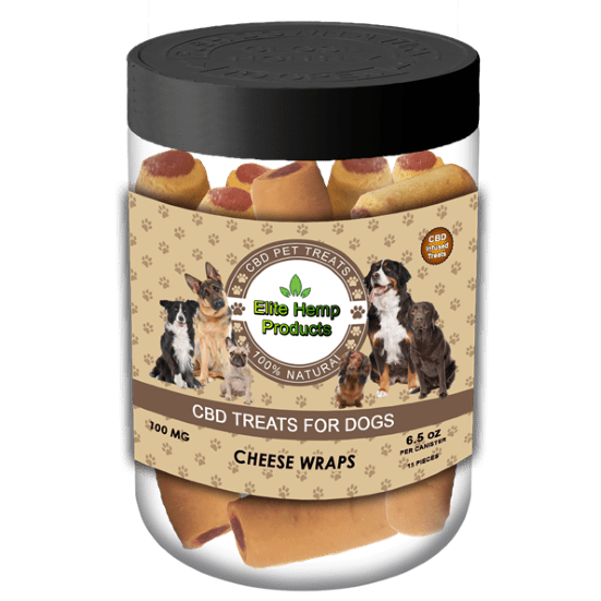 A jar of Elite Hemp CBD dog treats, cheese wraps flavor