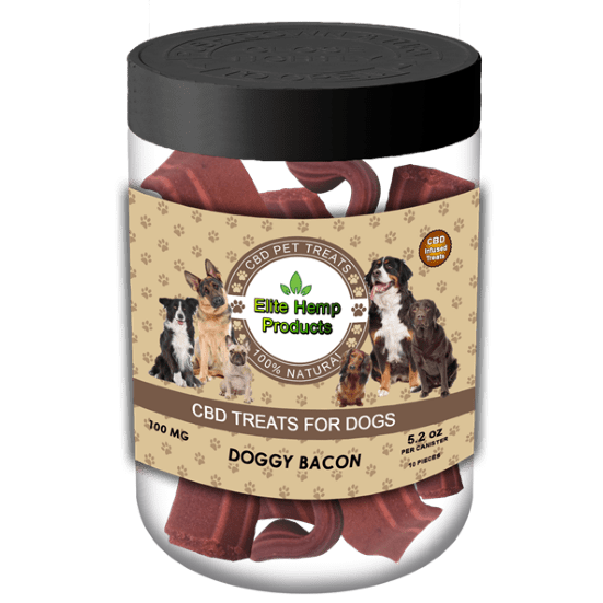 A jar of Elite Hemp CBD dog treats, doggy bacon flavor