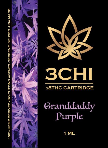 A 1.0mL 3Chi Delta-8 THC vape cartridge, Granddaddy Purple strain