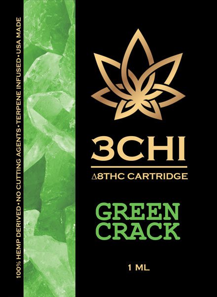 A 1.0mL 3Chi Delta-8 THC vape cartridge, Green Crack strain