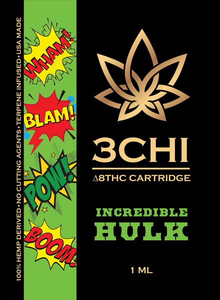 A 1.0mL 3Chi Delta-8 THC vape cartridge, Incredible Hulk strain