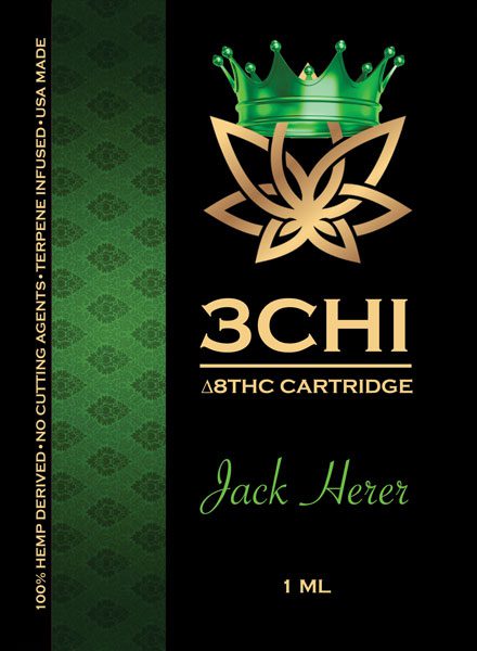 A 1.0mL 3Chi Delta-8 THC vape cartridge, Jack Herer strain
