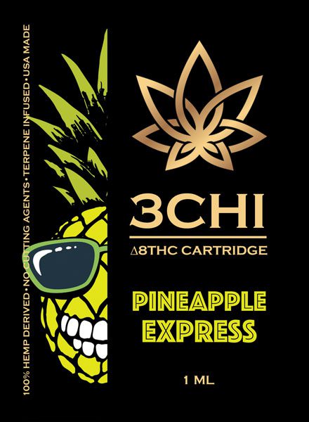 A 1.0mL 3Chi Delta-8 THC vape cartridge, Pineapple Express strain
