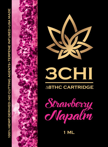 A 1.0mL 3Chi Delta-8 THC vape cartridge, Strawberry Napalm strain