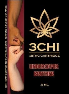 A 0.5mL 3Chi Delta-8 THC vape cartridge, Undercover Brother strain