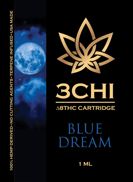 A 1.0mL 3Chi Delta-8 THC vape cartridge, Blue Dream strain