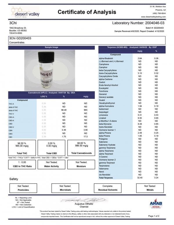 Cannabinoid Lab Test Results for 3Chi Delta 8 Granddaddy Purple vape cartridge