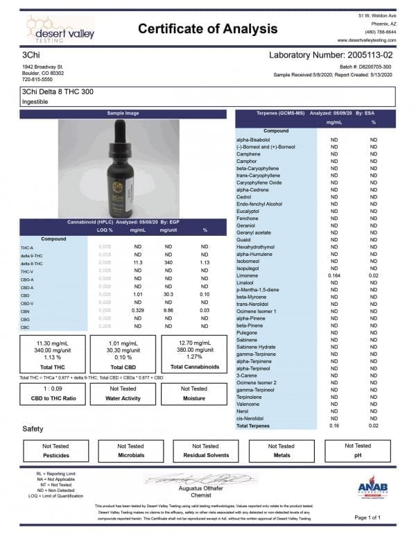 Cannabinoid Lab Test Results for 3Chi Delta 8 THC tincture
