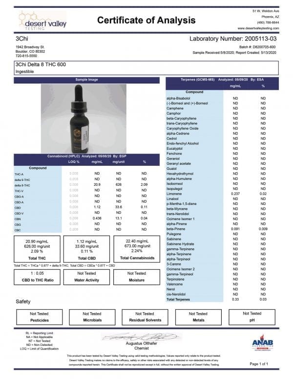 Cannabinoid Lab Test Results for 3Chi Delta 8 THC tincture