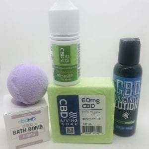 CBD bundle with infused bath bomb, soap, sanitizer, and lotion.