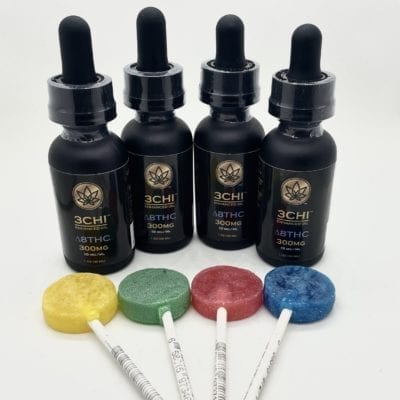 Four Delta 8 THC sublingual 300mg tinctures and four free Chronic Candy CBD lollipops.