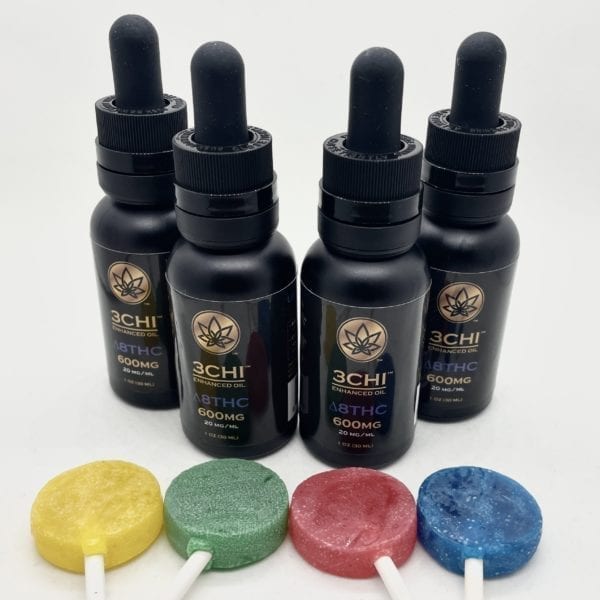 Four Delta 8 THC sublingual 600mg tinctures and four free Chronic Candy CBD lollipops.