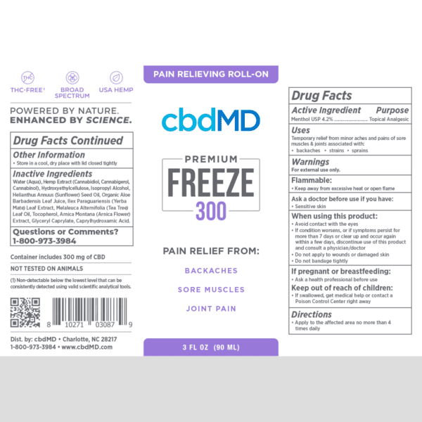Label information for CBD pain relief roll on, 300mg strength.
