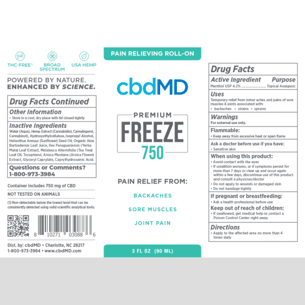 Label information for CBD pain relief roll on, 750mg strength.