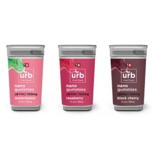 Three flavors of Urb Delta 8 THC gummies in 100mg jars.