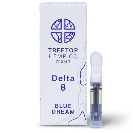 A 1mL Delta 8 THC cartridge, Blue Dream strain & flavor.