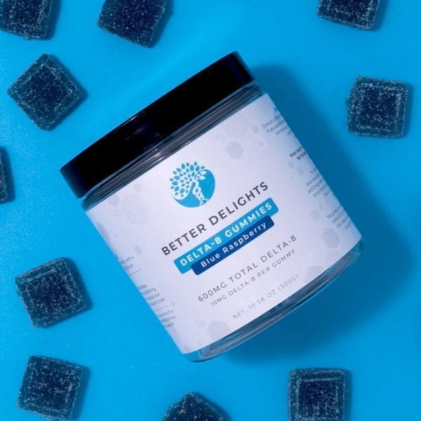 Delta 8 THC gummies from Better Delights in a 600mg jar, blue raspberry flavor.