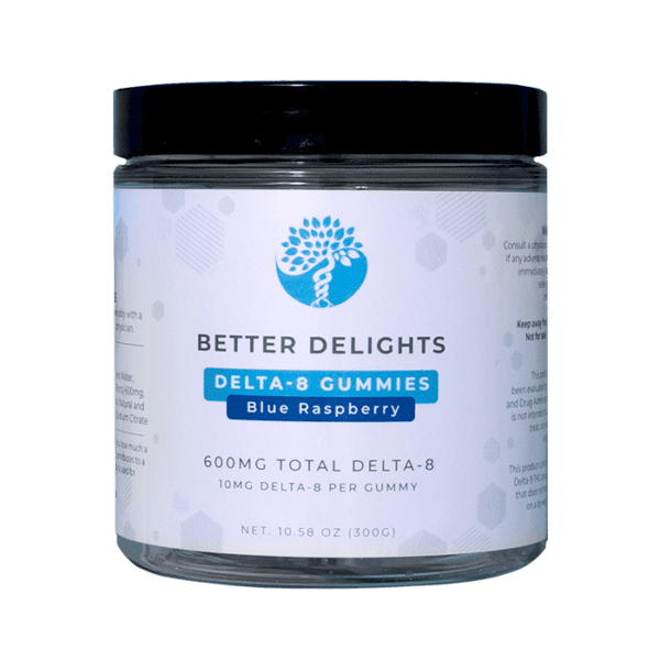 Delta 8 THC gummies from Better Delights in a 600mg jar, blue raspberry flavor.