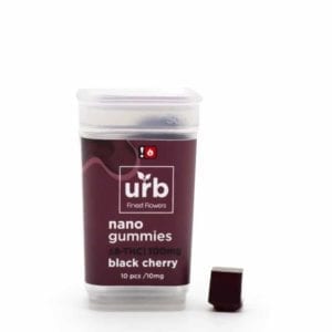 A jar of Urb 100mg Delta 8 THC gummies, black cherry flavor.