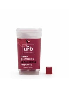 A jar of Urb 100mg Delta 8 THC gummies, raspberry flavor.