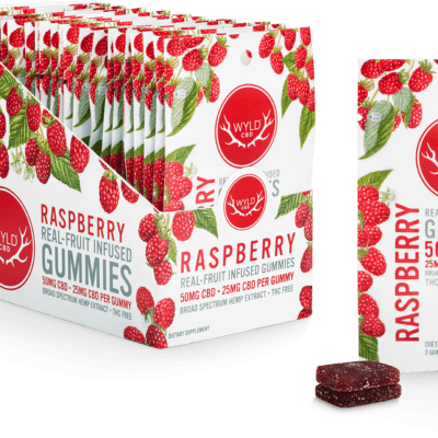 A pack of Wyld raspberry CBD gummies, 50mg total.
