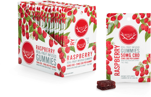 A pack of Wyld raspberry CBD gummies, 50mg total.