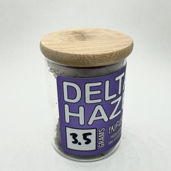 A 3.5 gram jar of Delta 8 THC flower, Haze strain.