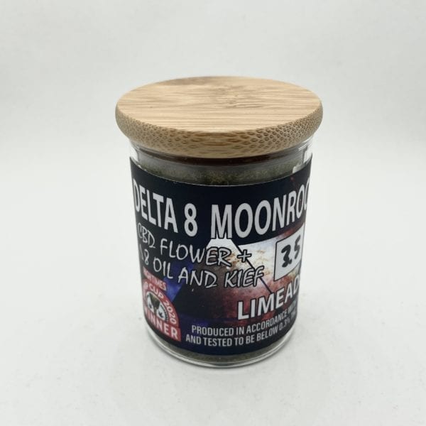 A 3.5 gram jar of Delta 8 THC flower Moon Rocks.