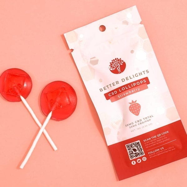 A Better Delights CBD-infused lollipop, strawberry flavor.