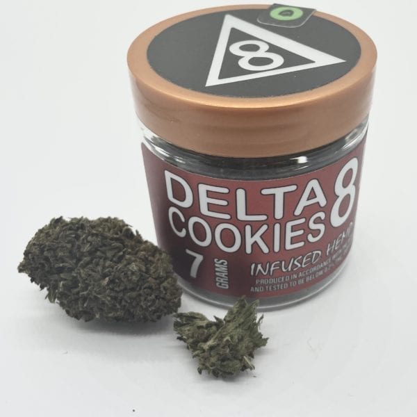A 7g jar of Delta 8 THC flower, cookies strain.