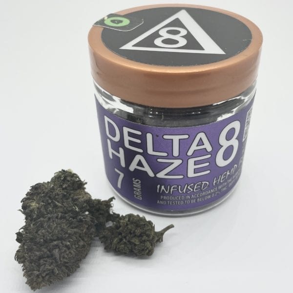 A 7g jar of Delta 8 THC flower, haze strain.