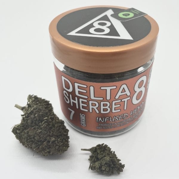 A 7g jar of Delta 8 THC flower, sherbet strain.
