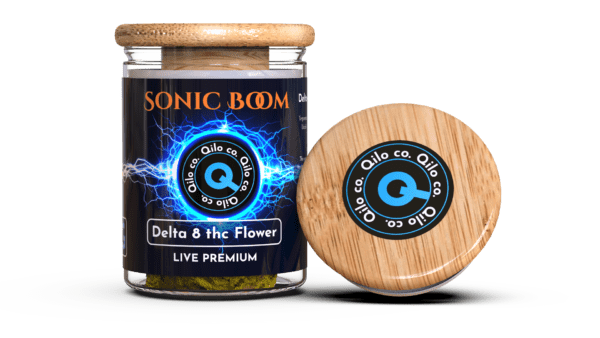 A jar of Delta 8 THC flower, Sonic Boom strain.
