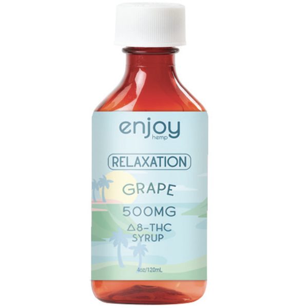 A 500mg bottle of Delta 8 THC relaxation syrup, grape flavor.