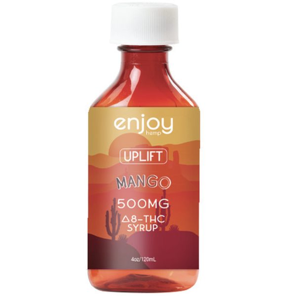 A 500mg bottle of Delta 8 THC uplift syrup, mango flavor.